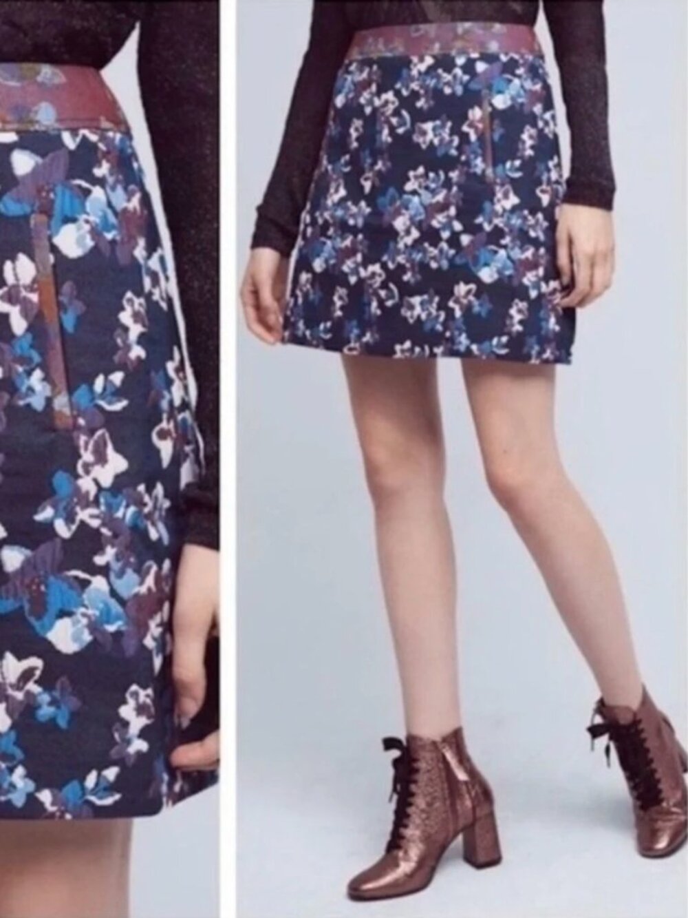 Maeve Anthropologie Navy Floral Jacquard Mini Skirt Size 6